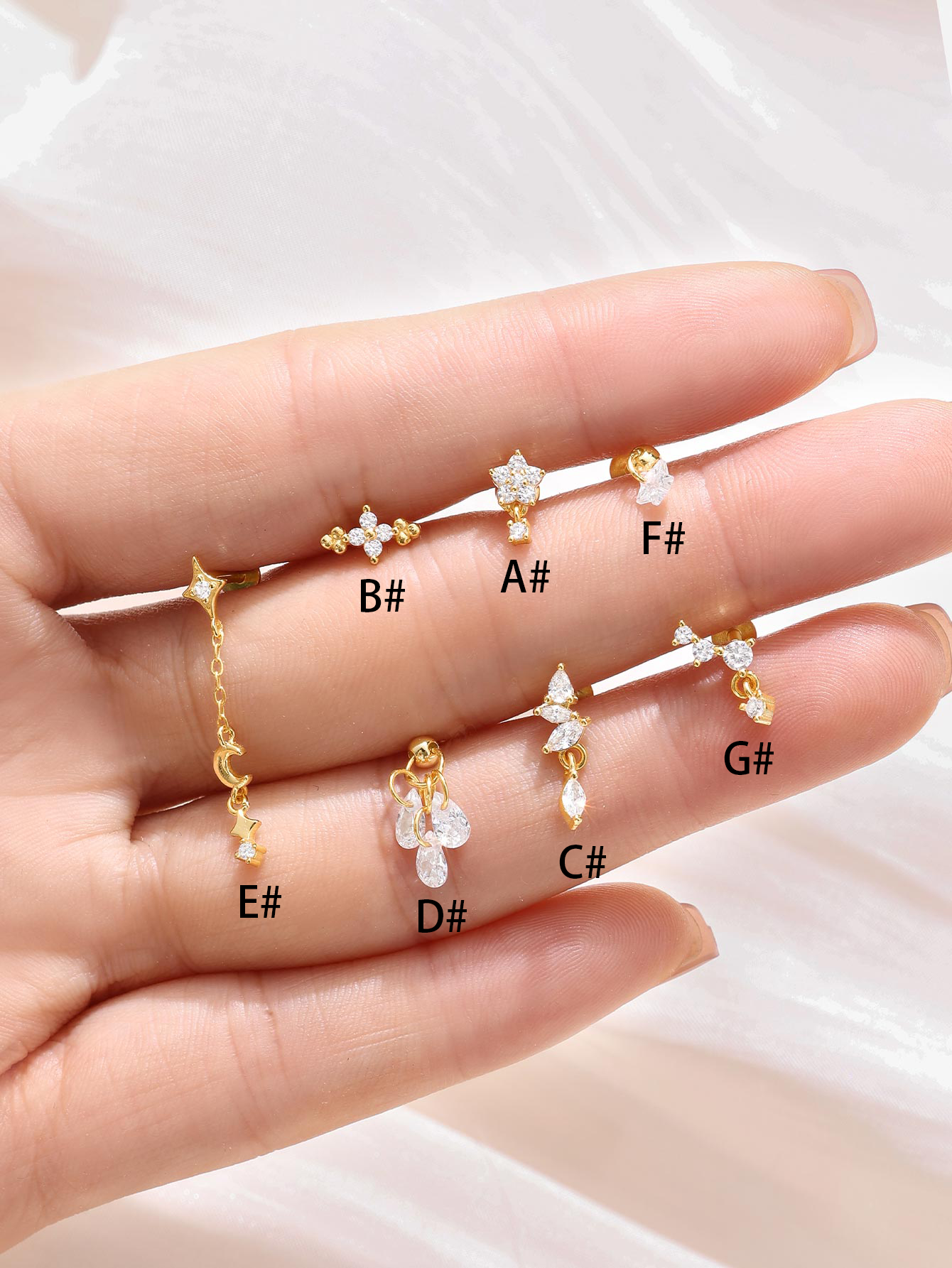 925 Gold Plated Flower Drops Star Moon Studs Earring Series