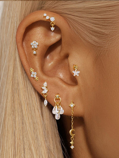 925 Gold Plated Flower Drops Star Moon Studs Earring Series