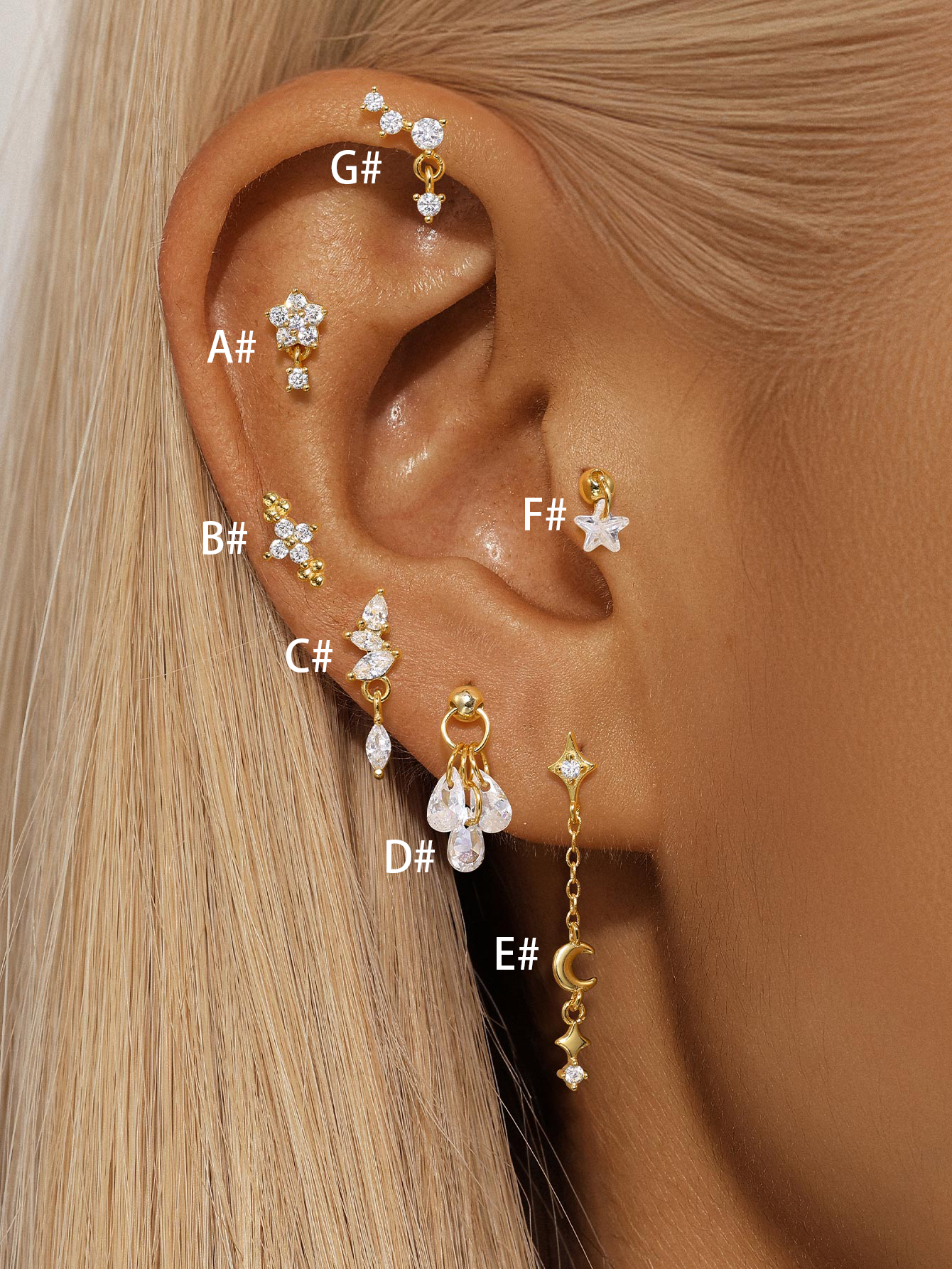 925 Gold Plated Flower Drops Star Moon Studs Earring Series