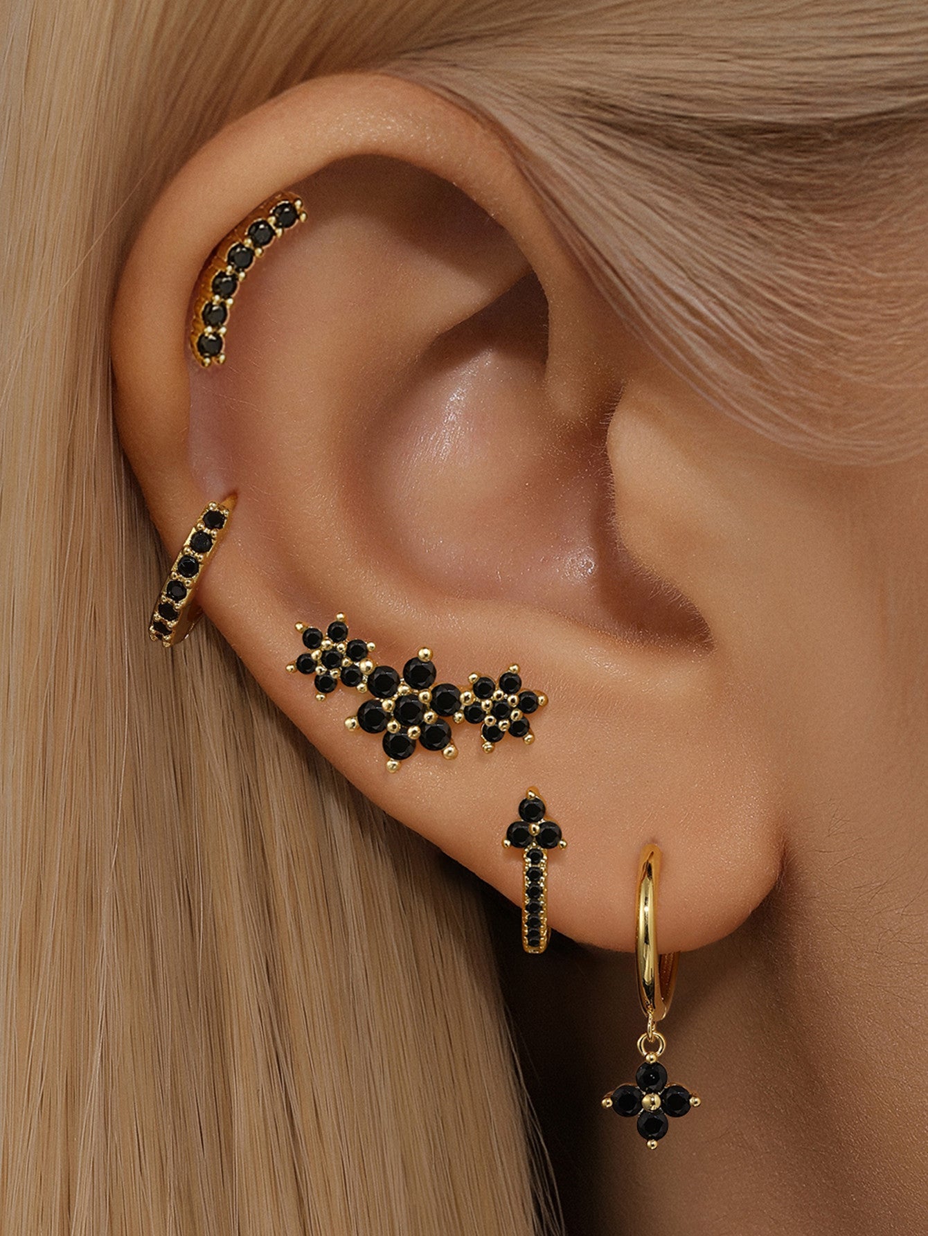 925 Black Flower Design Drop Earrings