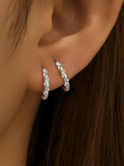 925 Sterling Silver Zircon Twist Hoop Earrings