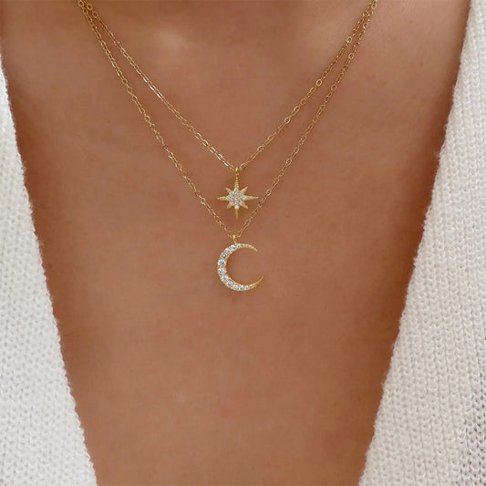 925 Sterling Silver Double Layered Star Moon Eight-Pointed Star Pendant Necklace