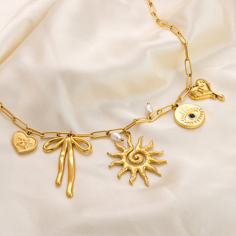 Waterproof Stainless Steel 18K Gold Sunflower Tarot Pendant Necklace