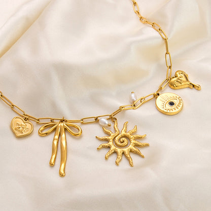 Waterproof Stainless Steel 18K Gold Sunflower Tarot Pendant Necklace