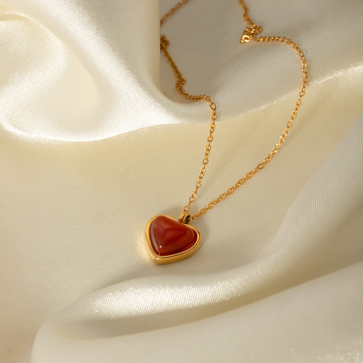 Waterproof Titanium Red Agate Heart Pendant Necklace