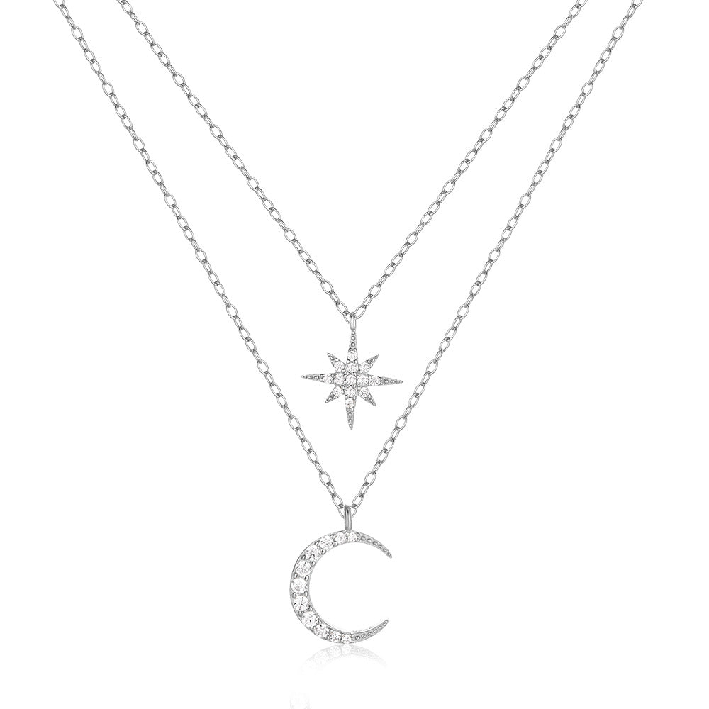 925 Sterling Silver Double Layered Star Moon Eight-Pointed Star Pendant Necklace