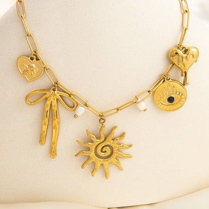 Waterproof Stainless Steel 18K Gold Sunflower Tarot Pendant Necklace