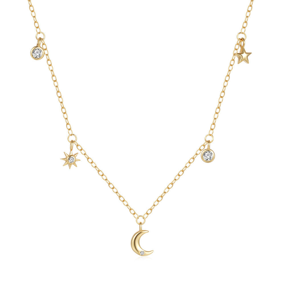 925 Sterling Silver Classic Star Moon Zircon Stacking Necklace